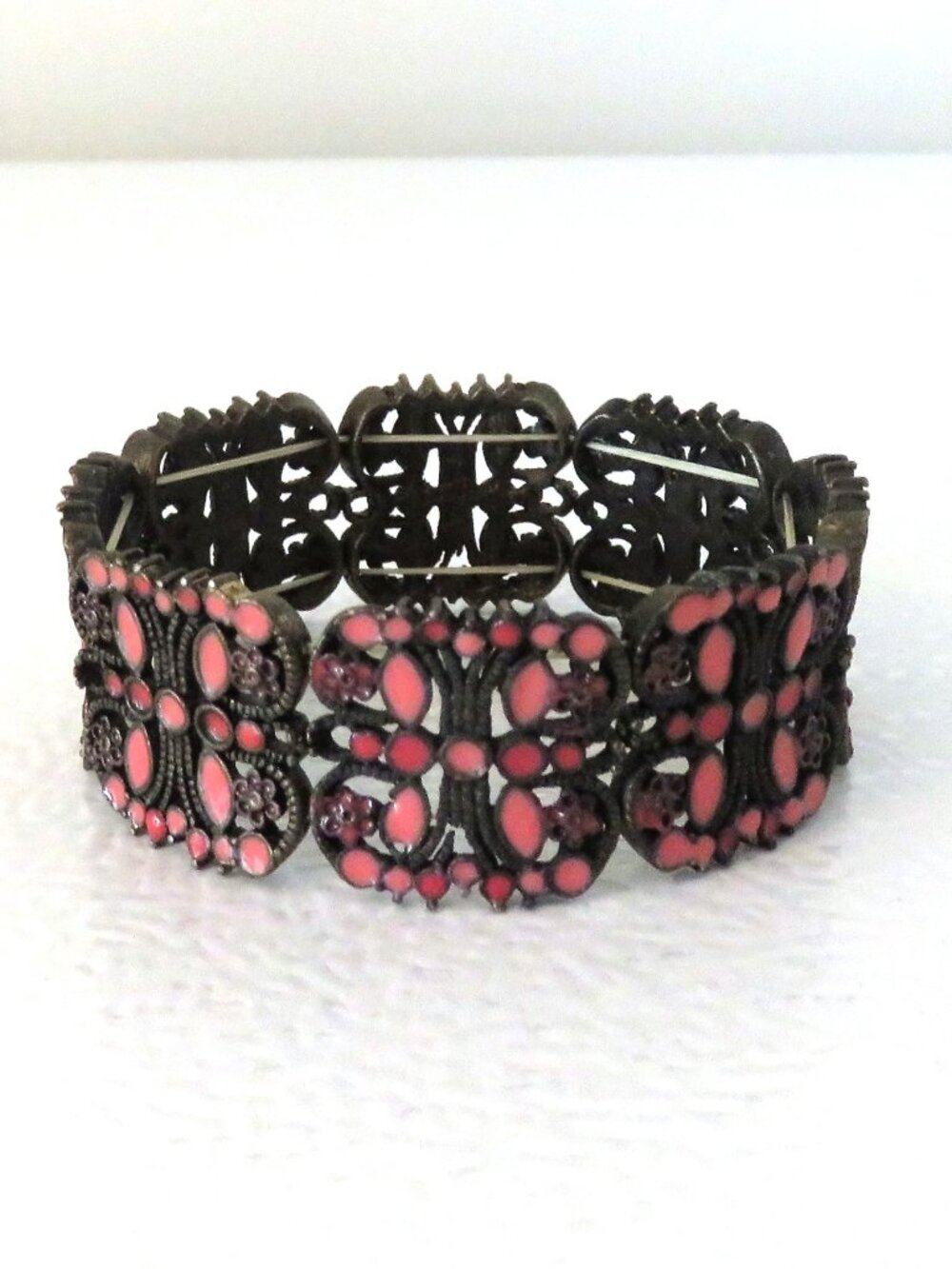 Gunmetal and Pink Enameled Decorative 8" Stretch Bracelet